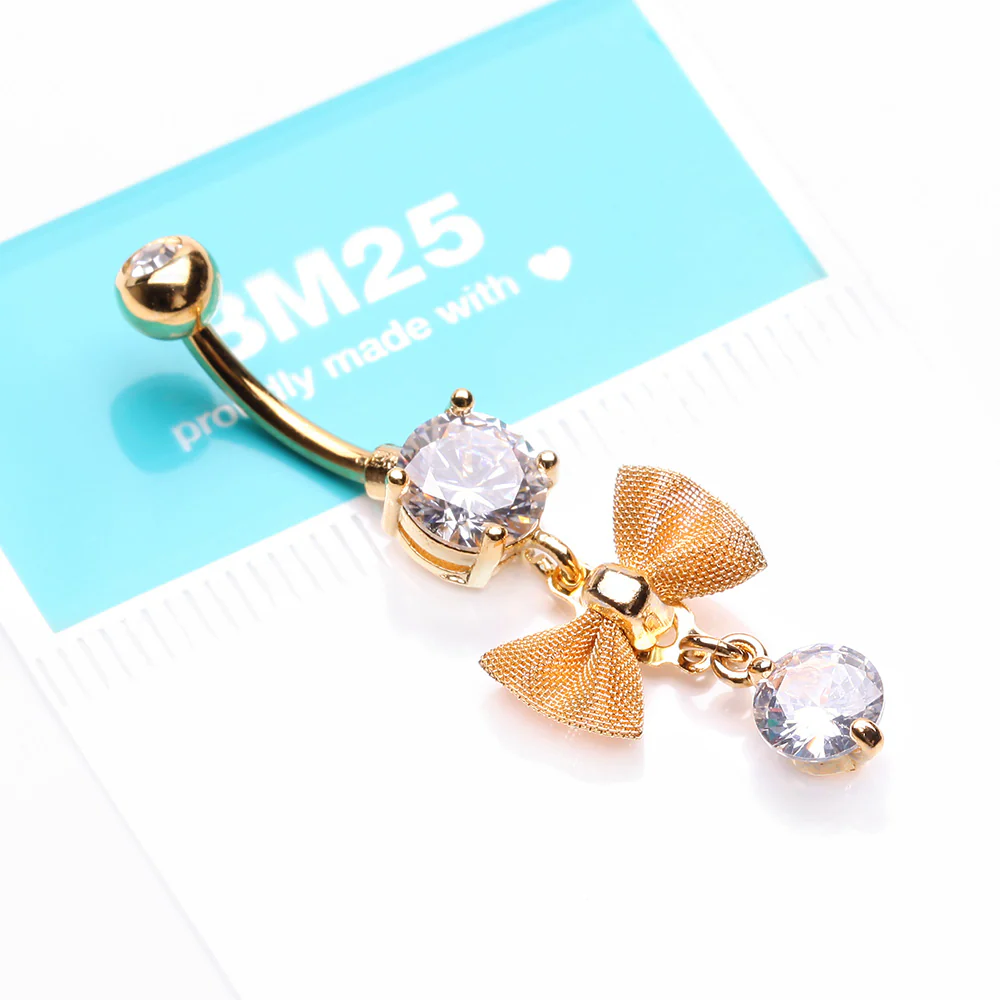 Golden Dainty Bow-Tie Prong Gem Sparkle Belly Button Ring - Image 4