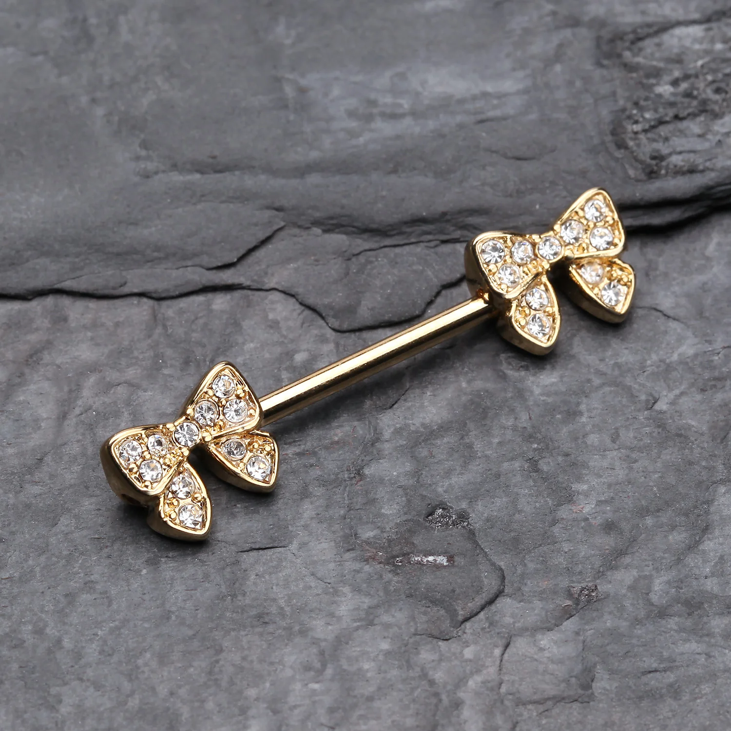 A Pair of Golden Dainty Bow-Tie Sparkle Nipple Barbell Ring - Image 2