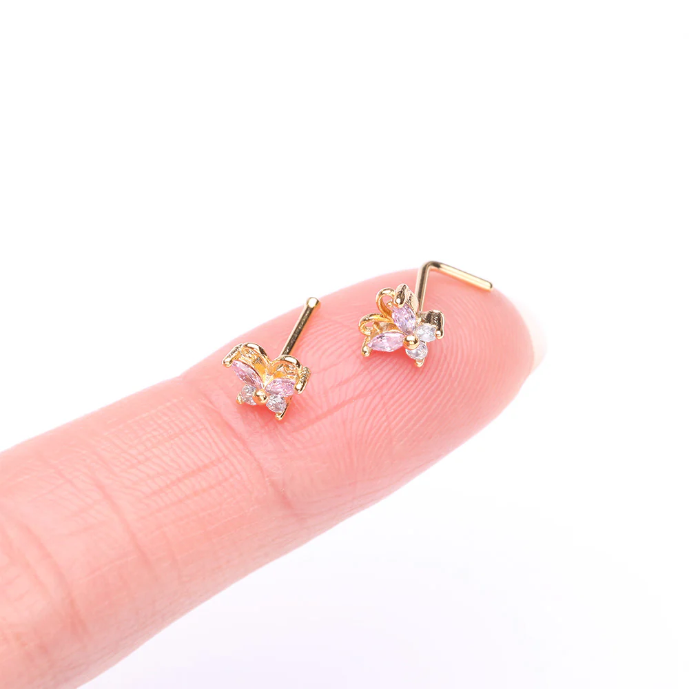 Golden Dainty Butterfly Rose Sparkle Multi-Gem L-Shaped Nose Ring - Image 3
