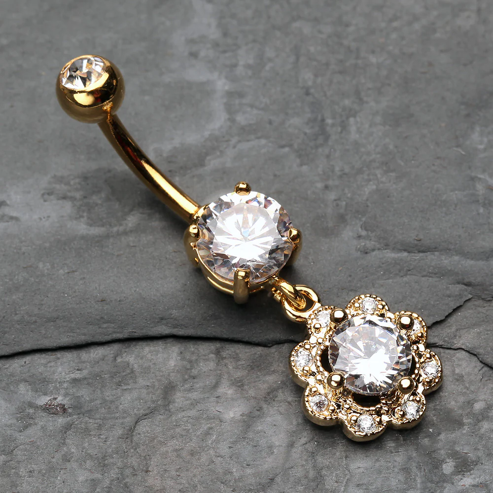 Golden Dazzling Flower Belly Button Ring - Image 3