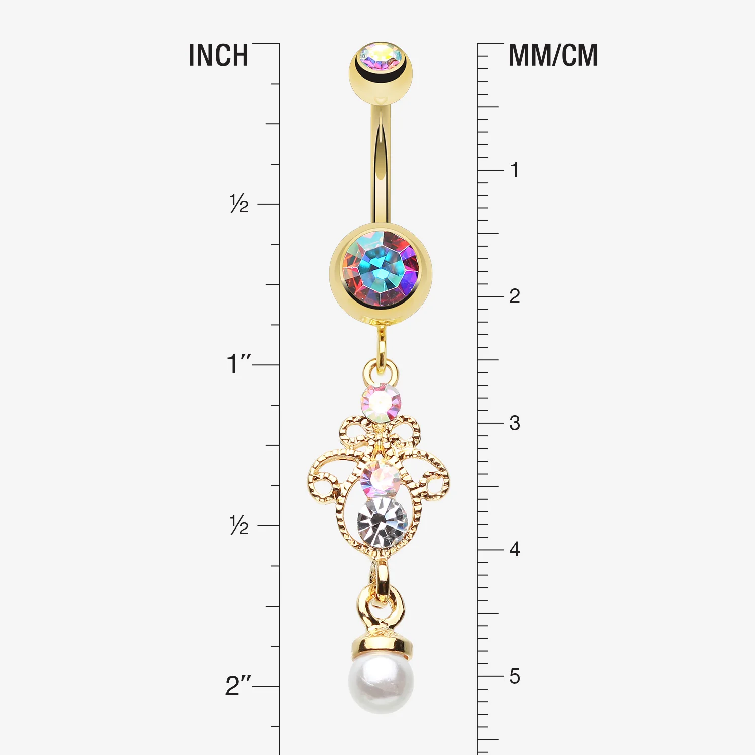 Golden Elegant Jeweled Pearl Dangle Belly Button Ring - Image 2