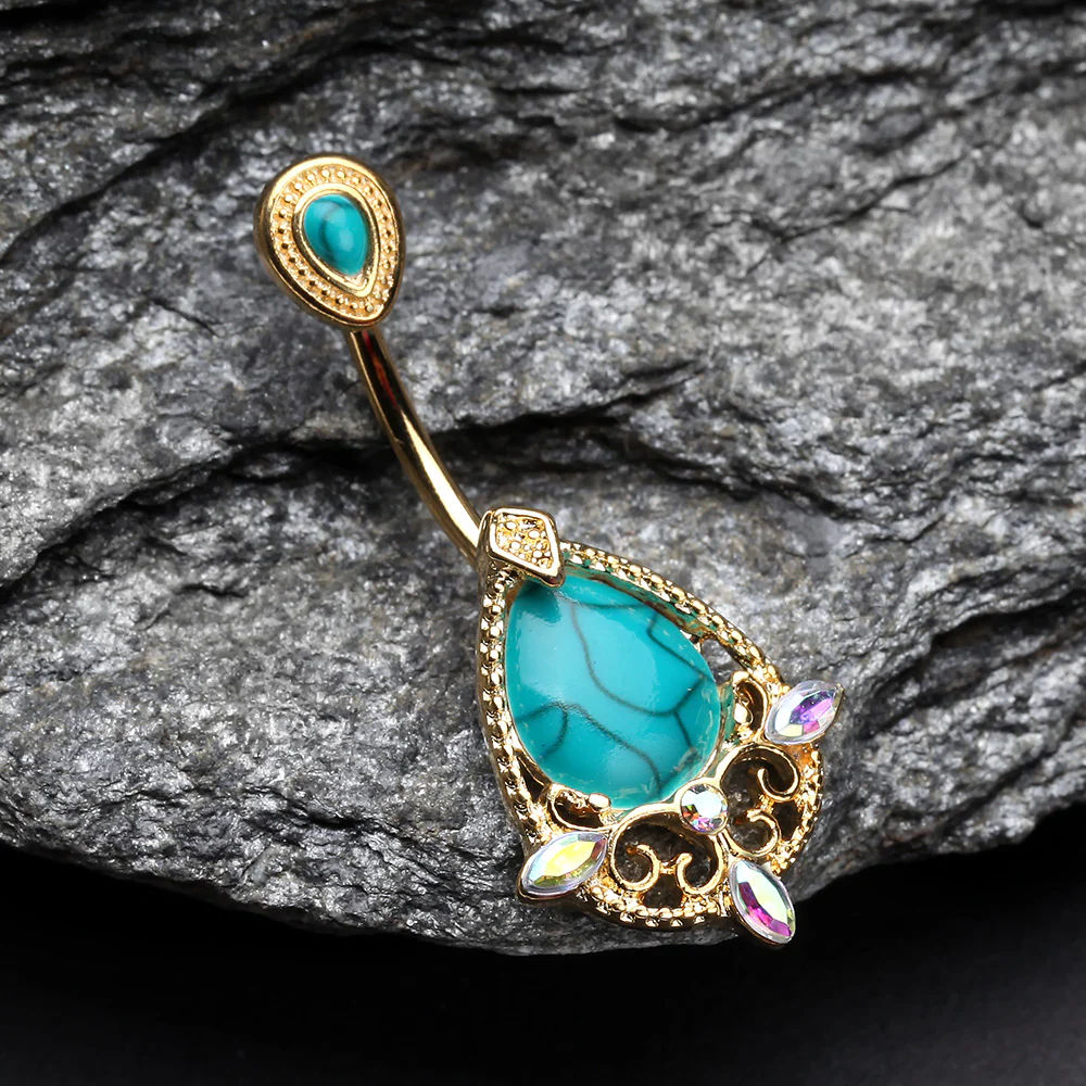 Golden Elegant Turquoise Lace Sparkle Belly Button Ring - Image 3