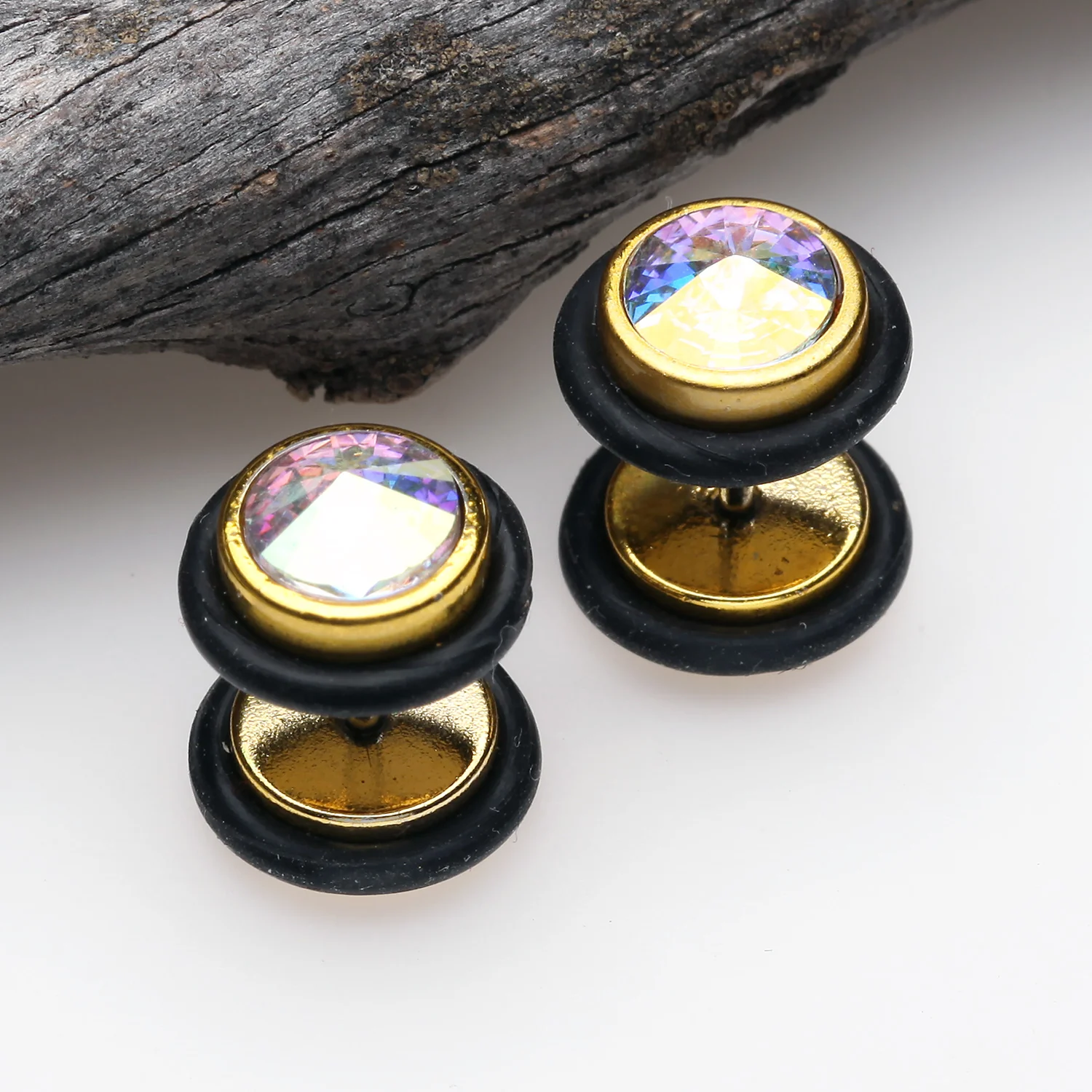 Golden Faceted Crystalline Faux Gauge Plug Earring - Image 2
