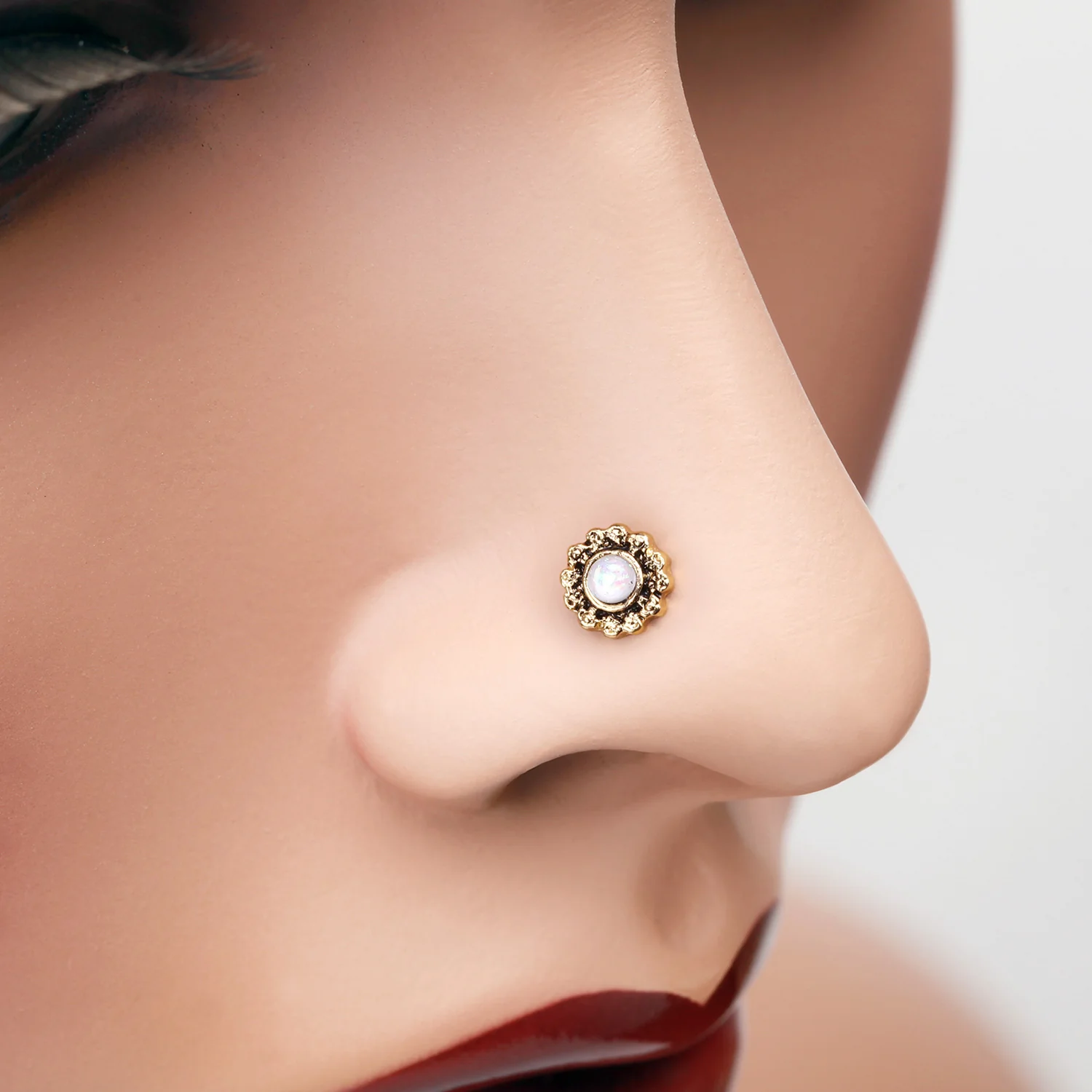 Golden Filigree Opal Sparkle Nose Stud Ring - Image 2