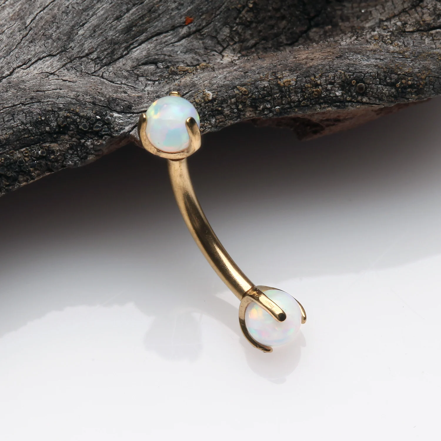 Golden Fire Opal Claw Prong Set Sparkle Internally Threaded Curved Barbell - Image 2