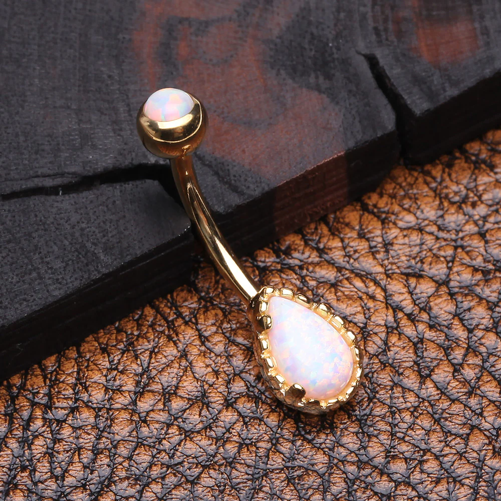 Golden Fire Opal Elegance Teardrop Belly Button Ring - Image 3