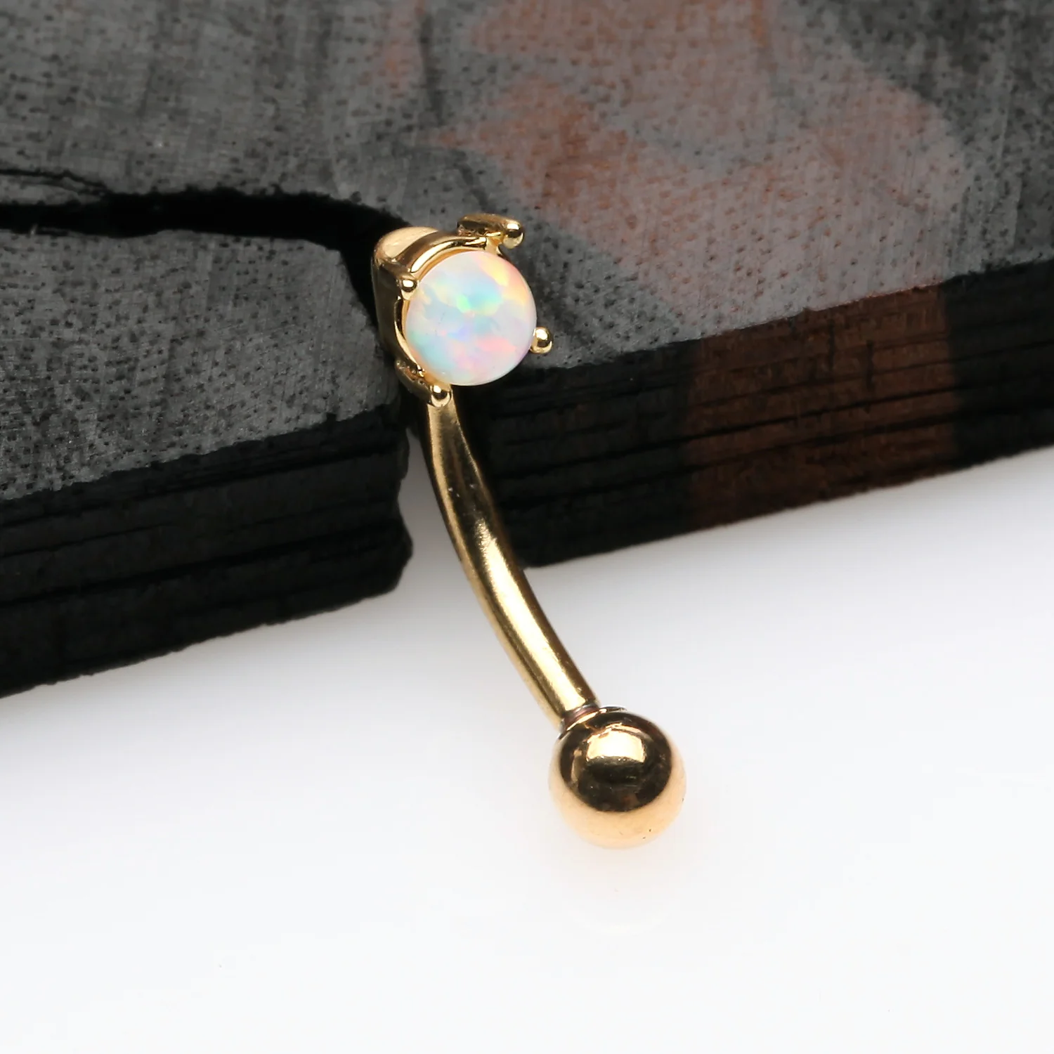 Golden Fire Opal Prong Set Sparkle Curved Barbell - Image 2