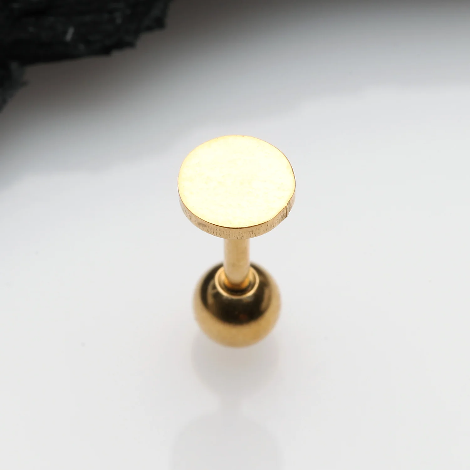 Golden Flat Circle Top Cartilage Tragus Barbell Earring - Image 2