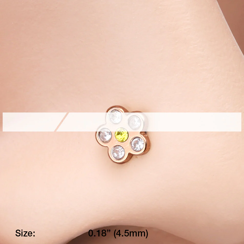 Rose Gold Flower Sparkle L-Shaped Nose Ring - Image 3