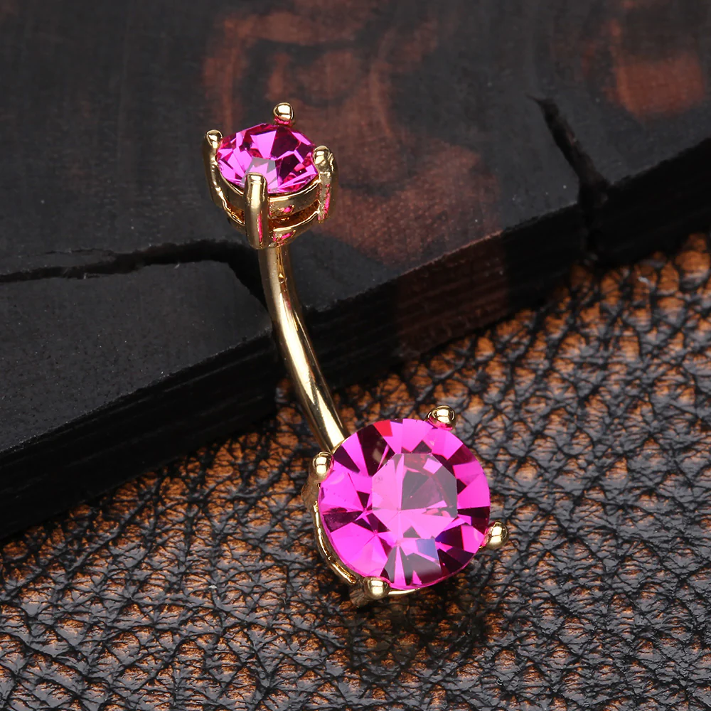Golden Fuchsia Sparkle Prong Set Belly Button Ring - Image 3