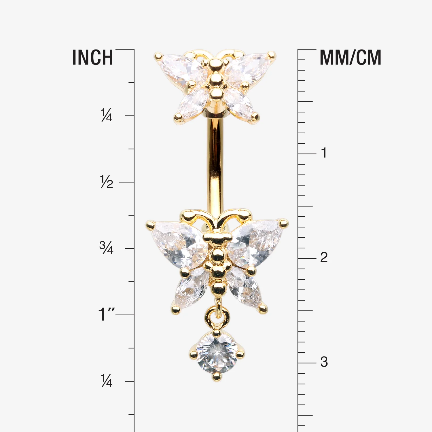 Golden Glistening Butterfly Sparkle Duo Dangle Belly Button Ring - Image 2