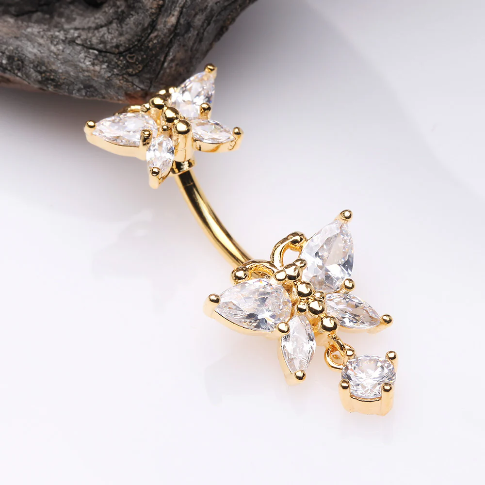 Golden Glistening Butterfly Sparkle Duo Dangle Belly Button Ring - Image 3