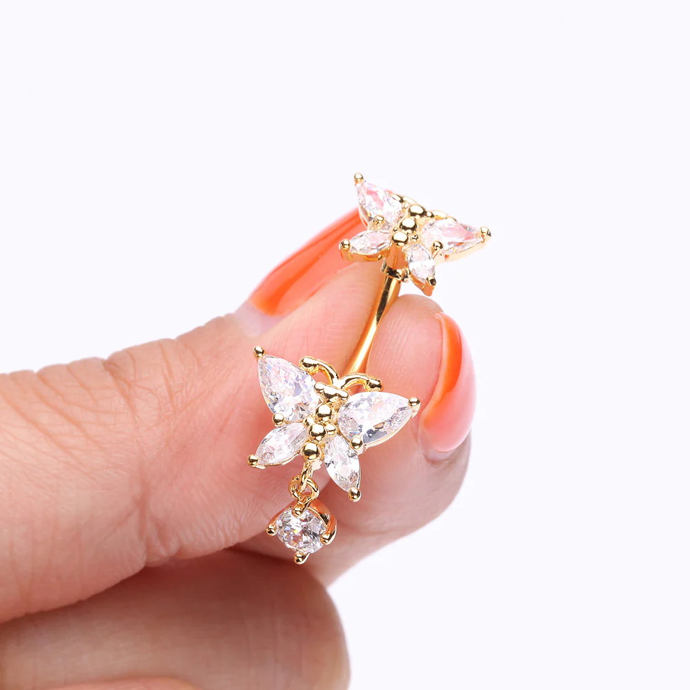 Golden Glistening Butterfly Sparkle Duo Dangle Belly Button Ring - Image 4