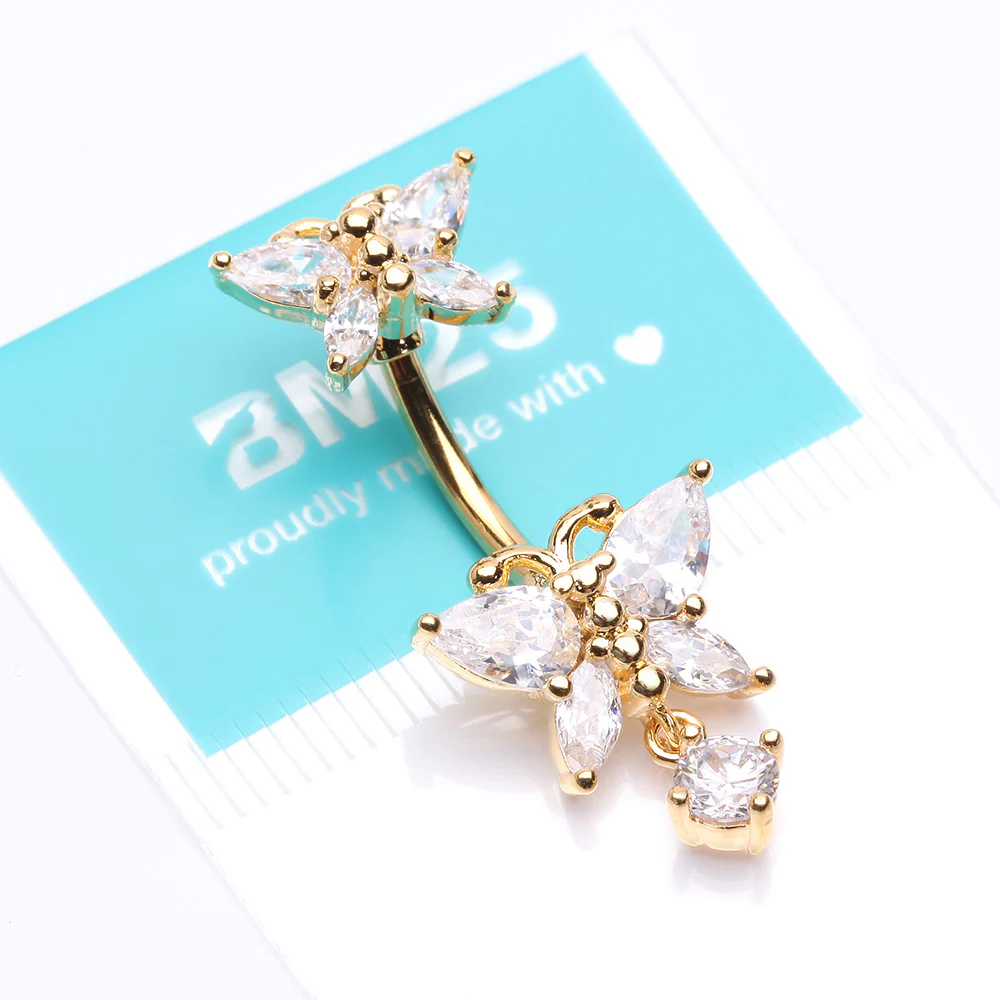Golden Glistening Butterfly Sparkle Duo Dangle Belly Button Ring - Image 5
