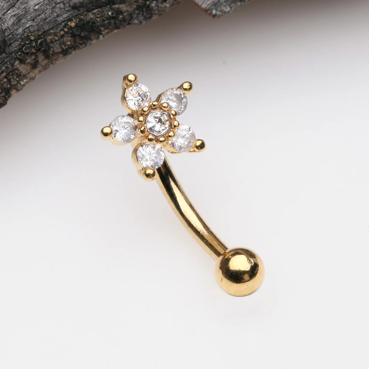 Golden Glistening Flower Sparkle Curved Barbell - Image 2