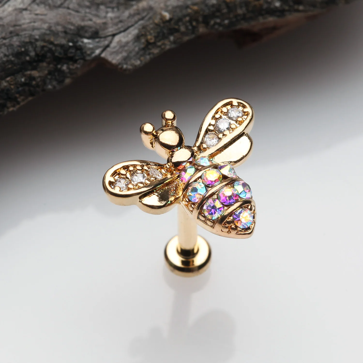 Golden Glistening Honey Bee Sparkle Internally Threaded Labret - Image 2
