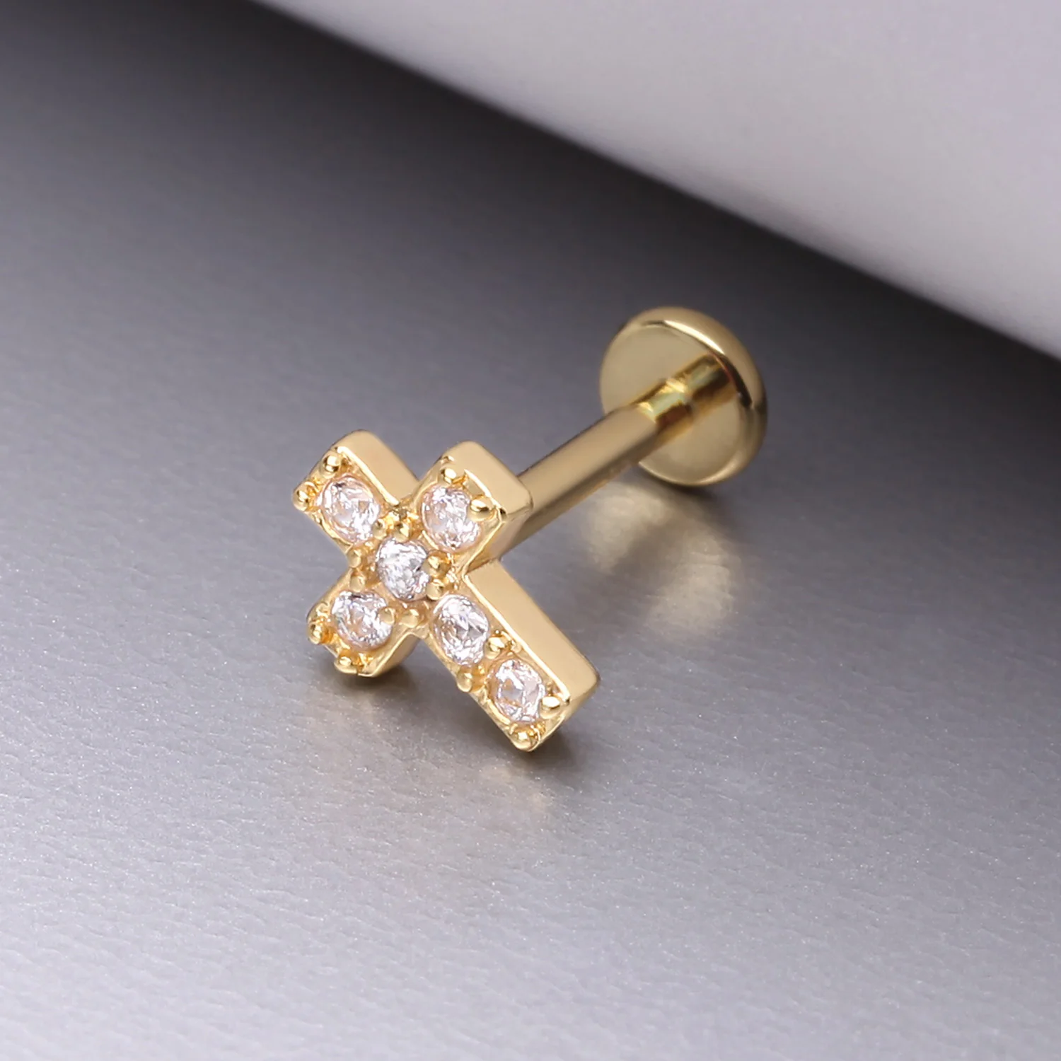 Golden Grand Sparkle Cross Top Internally Threaded Steel Flat Back Stud Labret - Image 2