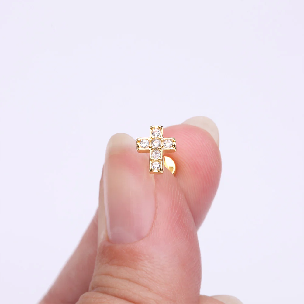 Golden Grand Sparkle Cross Top Internally Threaded Steel Flat Back Stud Labret - Image 3