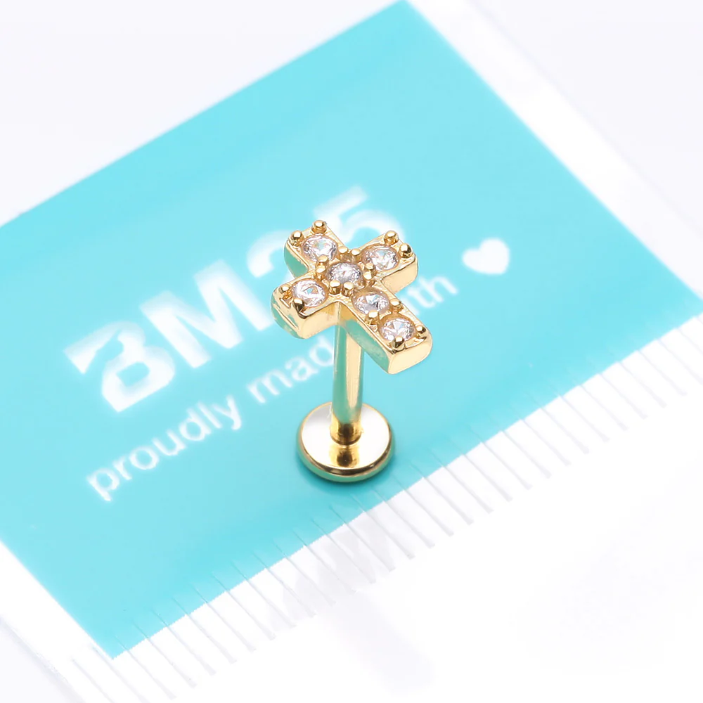 Golden Grand Sparkle Cross Top Internally Threaded Steel Flat Back Stud Labret - Image 4