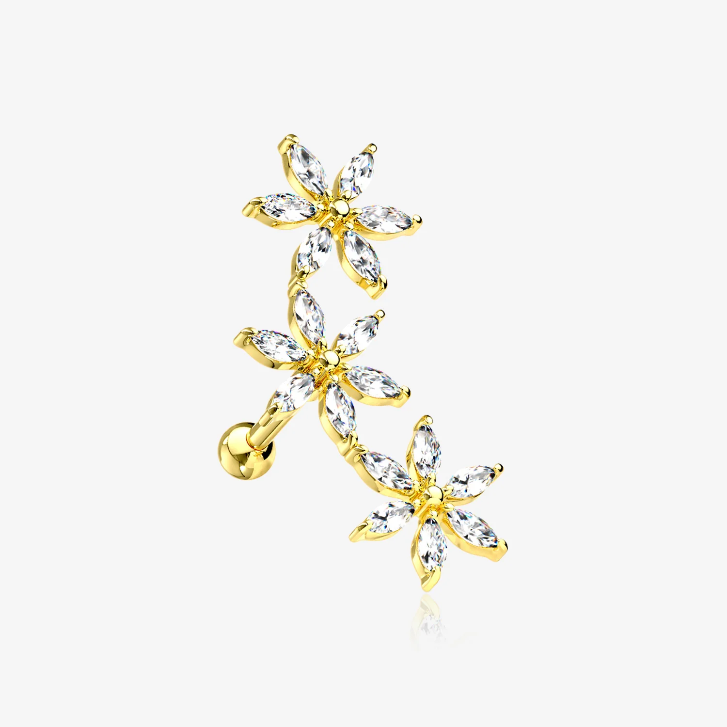 Golden Grand Sparkle Triple Flowers Steel Cartilage Tragus Barbell Stud