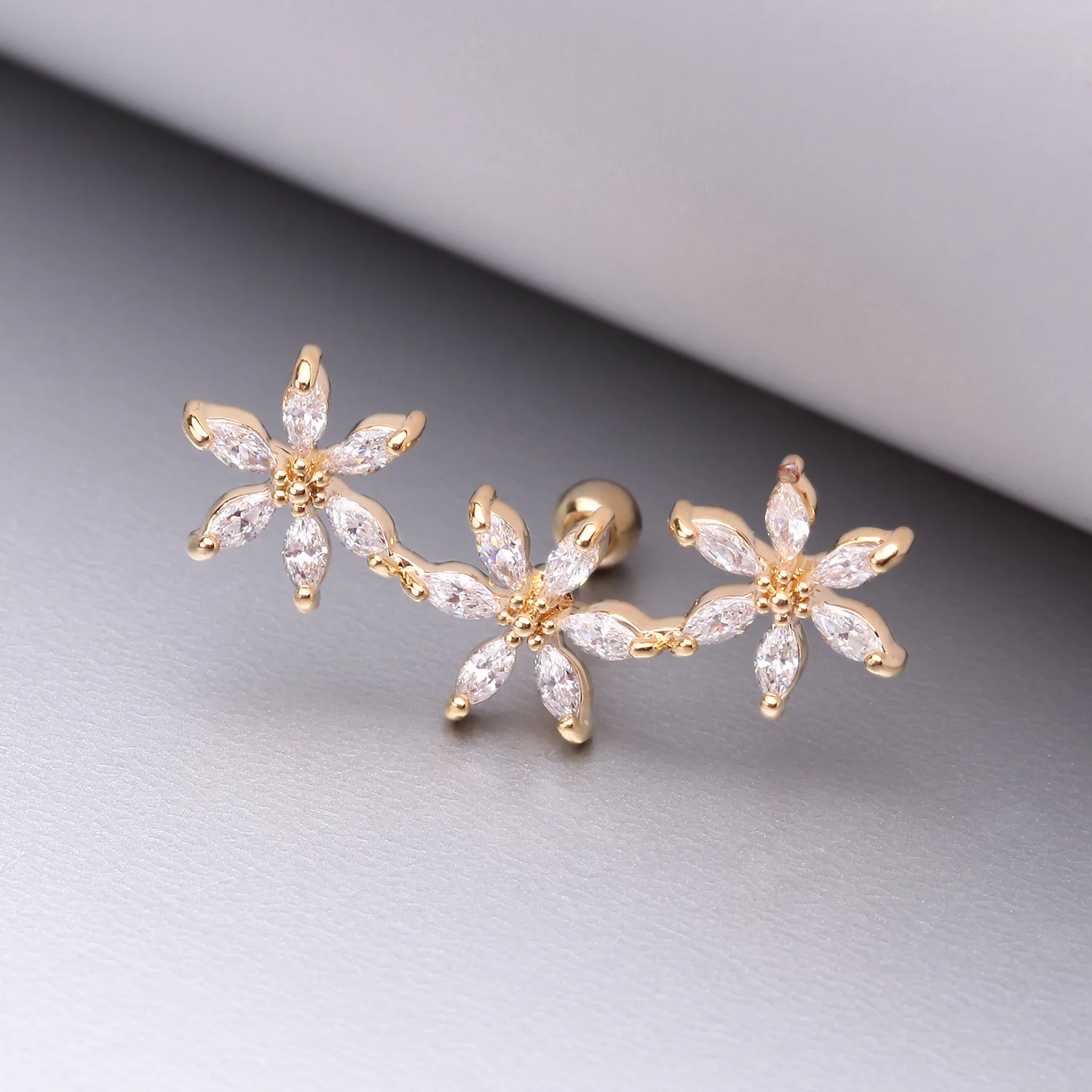 Golden Grand Sparkle Triple Flowers Steel Cartilage Tragus Barbell Stud - Image 2