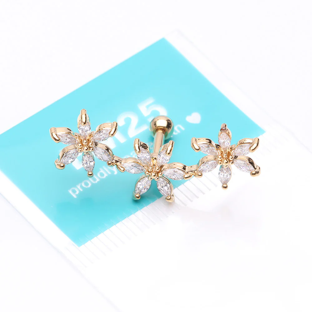 Golden Grand Sparkle Triple Flowers Steel Cartilage Tragus Barbell Stud - Image 4