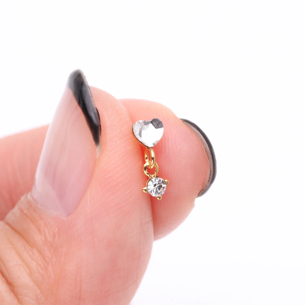 Golden Heart Sparkle Prong Dangle Nose Stud Ring - Image 3