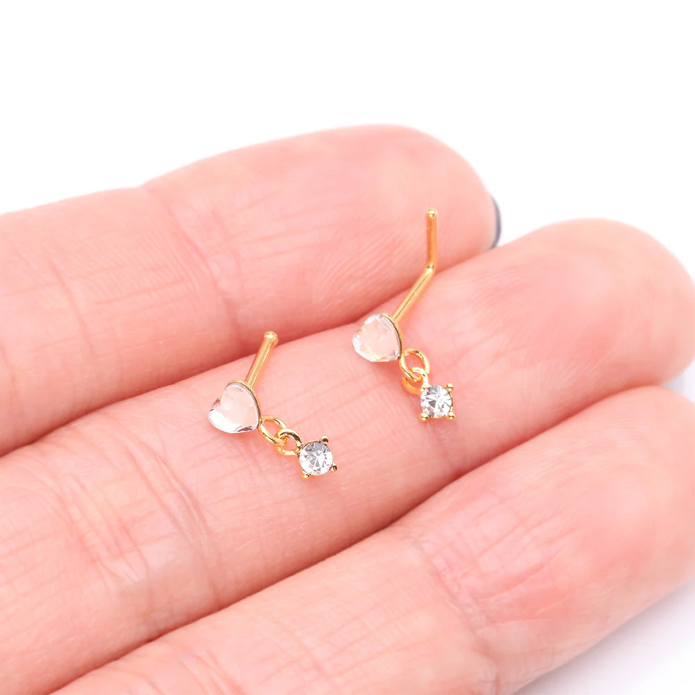 Golden Heart Sparkle Prong Dangle Nose Stud Ring - Image 4