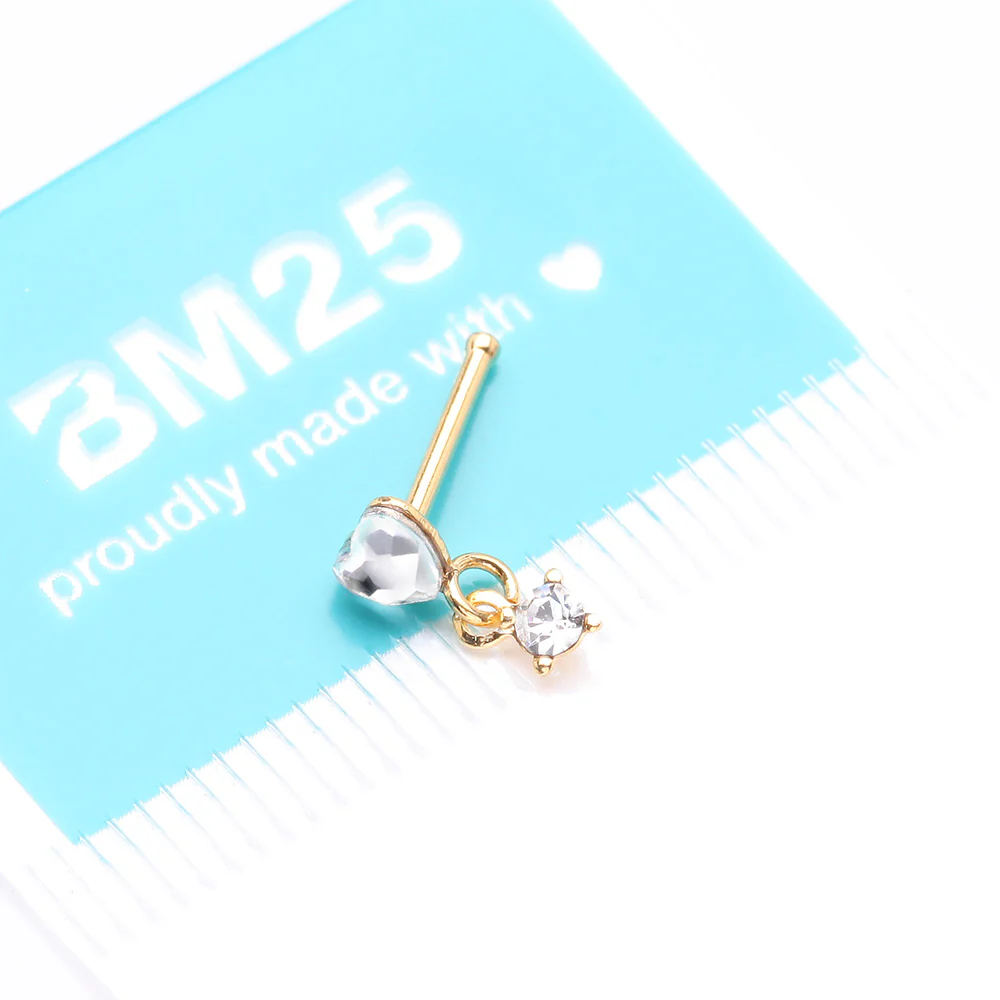 Golden Heart Sparkle Prong Dangle Nose Stud Ring - Image 5