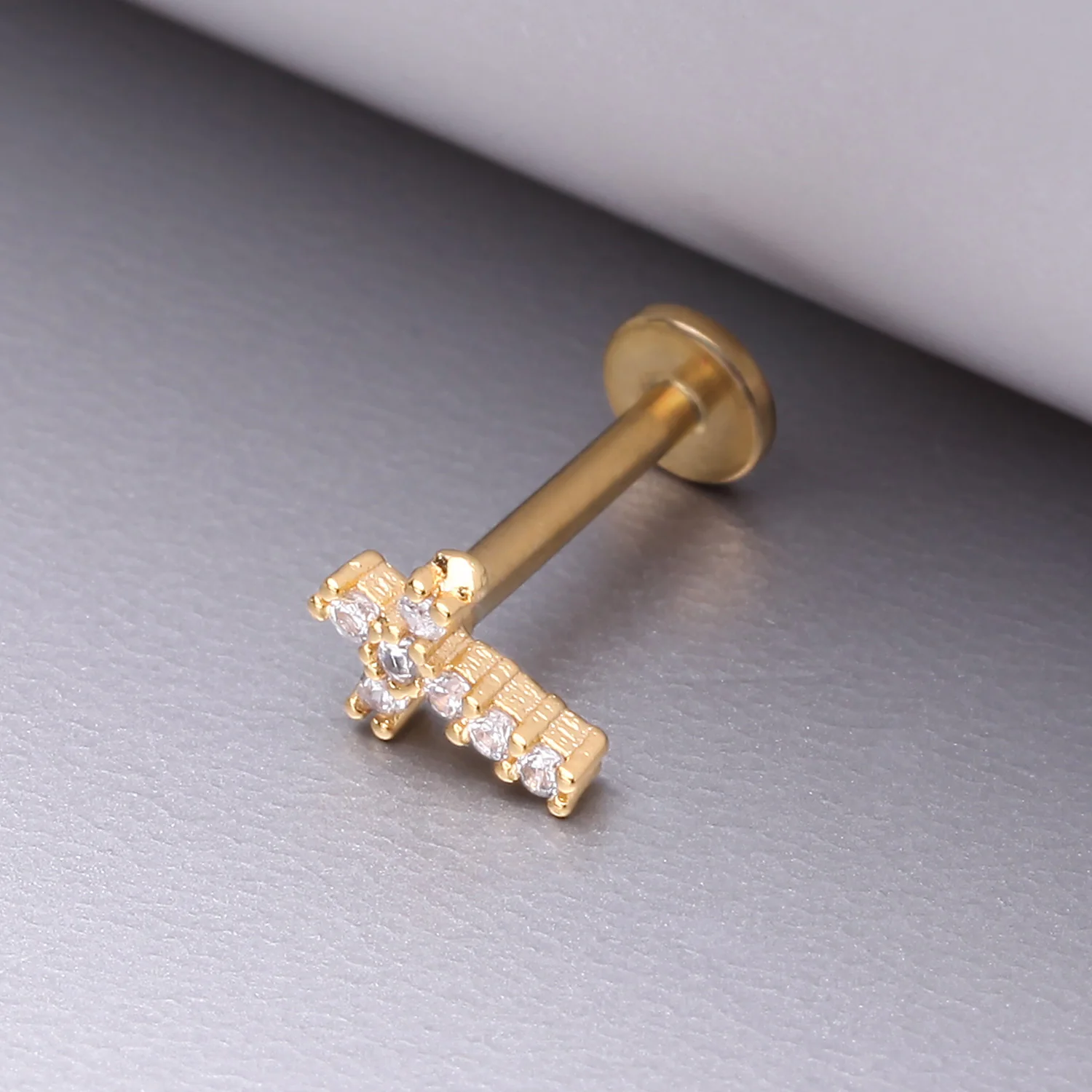 Golden Holy Cross Sparkle Top Internally Threaded Steel Flat Back Stud Labret - Image 2