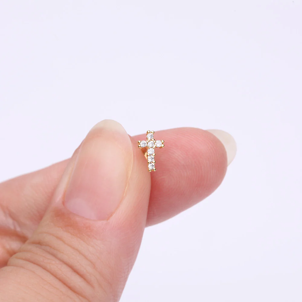 Golden Holy Cross Sparkle Top Internally Threaded Steel Flat Back Stud Labret - Image 3