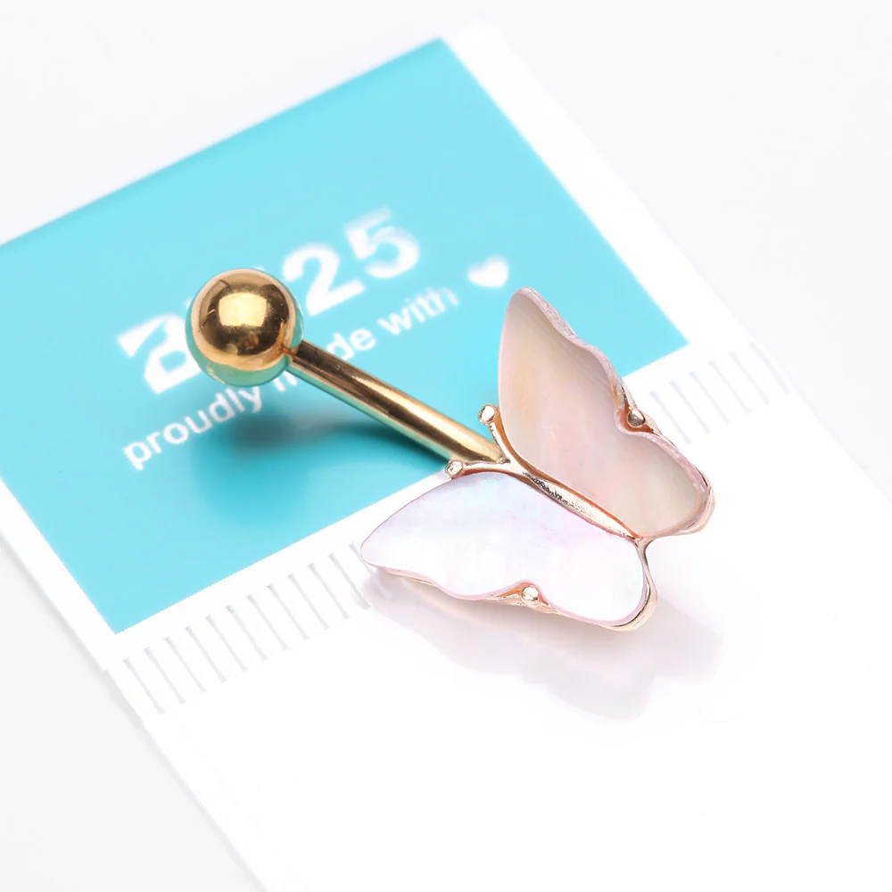 Golden Iridescent Natural Shell Butterfly Belly Button Ring - Image 4