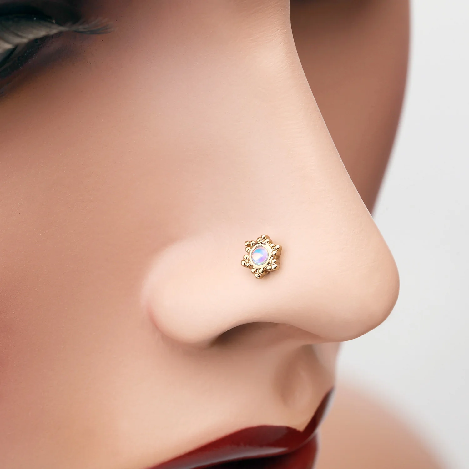 Golden Iridescent Snowflake Sparkle Nose Stud Ring - Image 2