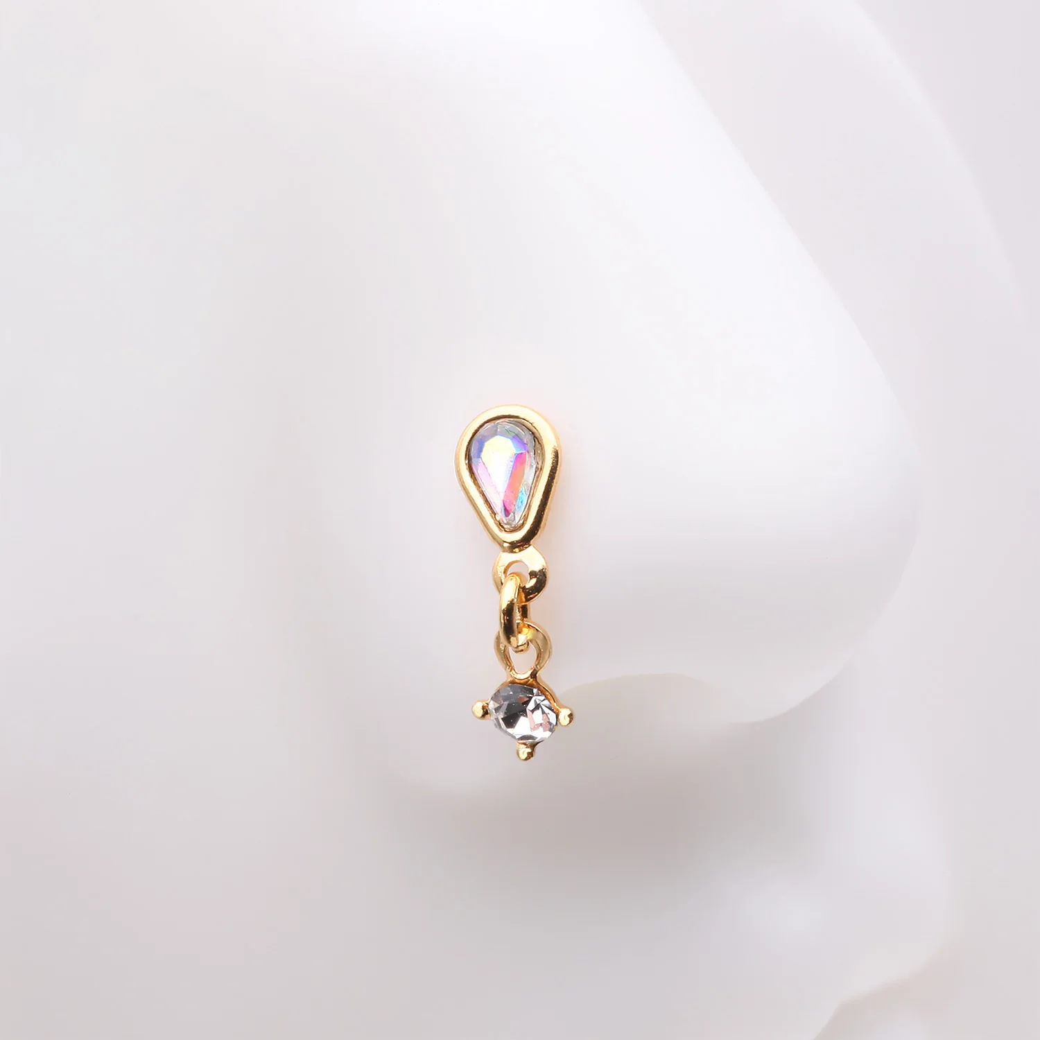 Golden Iridescent Sparkle Inverted Teardrop Dangle L-Shaped Nose Ring - Image 2