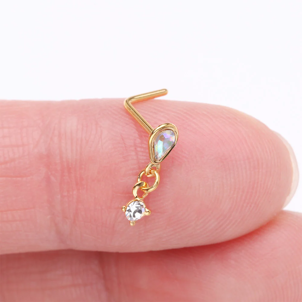 Golden Iridescent Sparkle Inverted Teardrop Dangle L-Shaped Nose Ring - Image 3