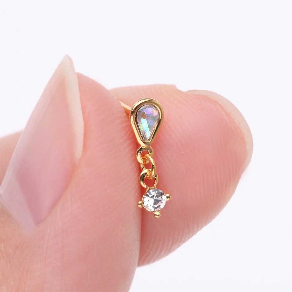 Golden Iridescent Sparkle Inverted Teardrop Dangle Nose Stud Ring - Image 3