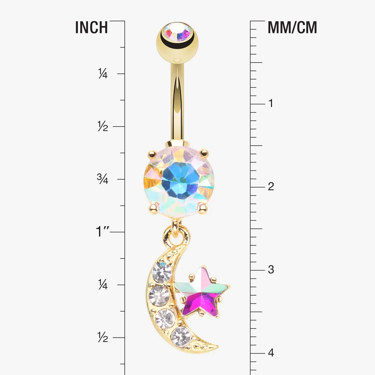 Golden Iridescent Sparkle Moon and Star Dangle Belly Button Ring - Image 2