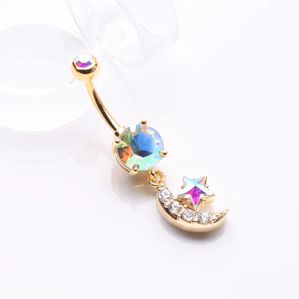 Golden Iridescent Sparkle Moon and Star Dangle Belly Button Ring - Image 3