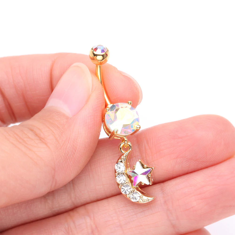 Golden Iridescent Sparkle Moon and Star Dangle Belly Button Ring - Image 4