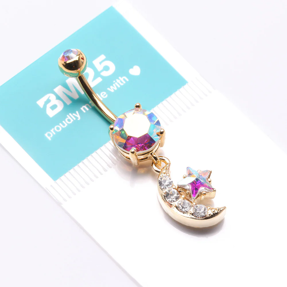 Golden Iridescent Sparkle Moon and Star Dangle Belly Button Ring - Image 5