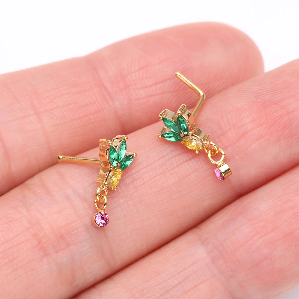 Golden Juicy Pineapple Sparkle L-Shaped Nose Ring - Image 4