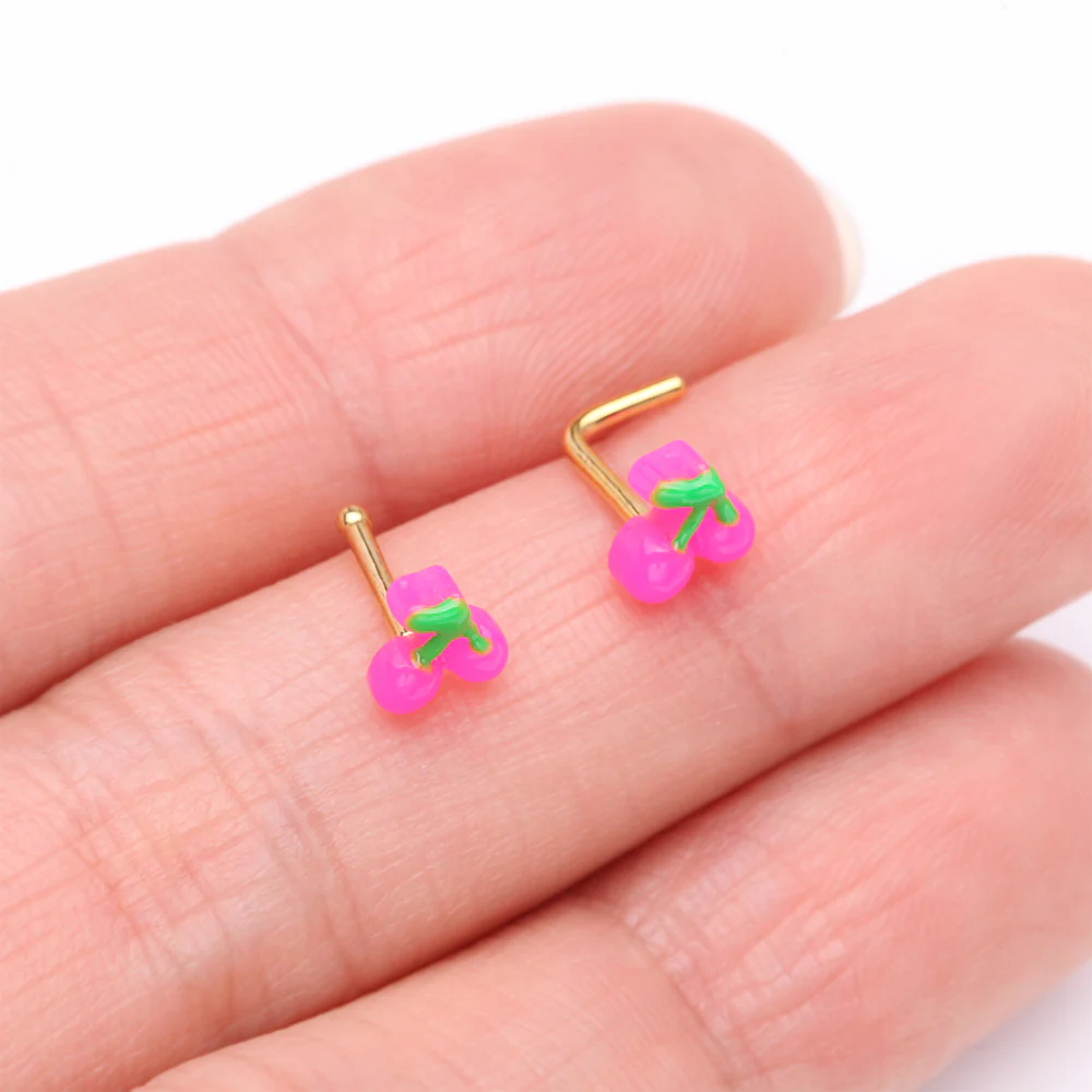 Golden Kawaii Pop Juicy Pink Cherry Nose Stud Ring - Image 4