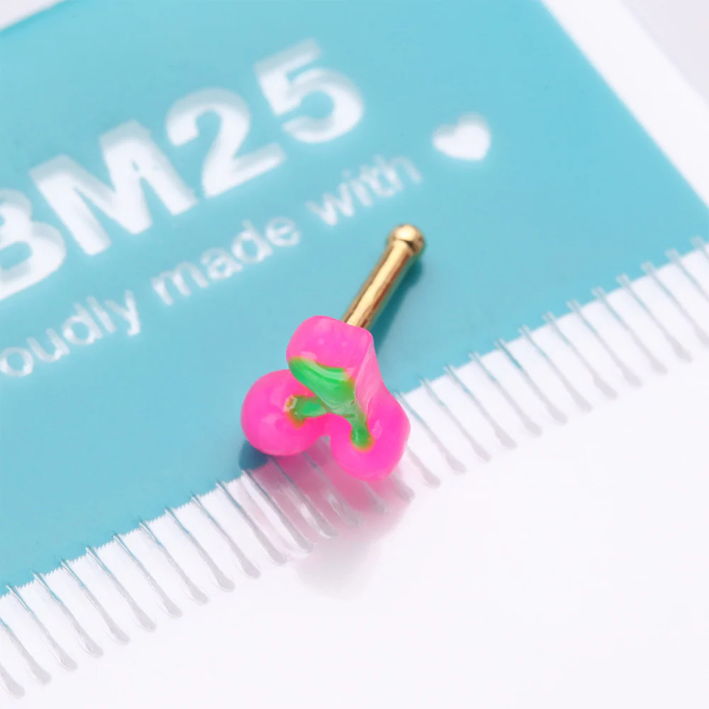 Golden Kawaii Pop Juicy Pink Cherry Nose Stud Ring - Image 5