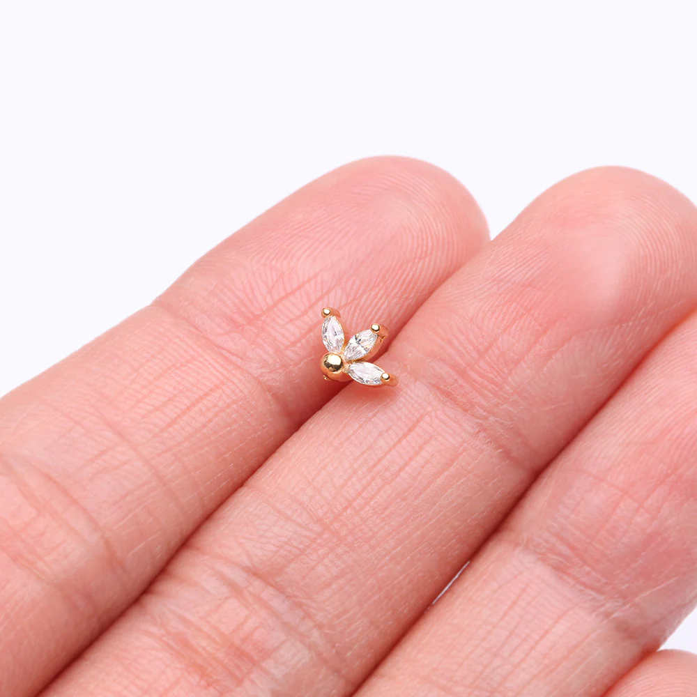 Golden Lotus Marquise Flower Sparkle Multi-Gem Nose Stud Ring - Image 3