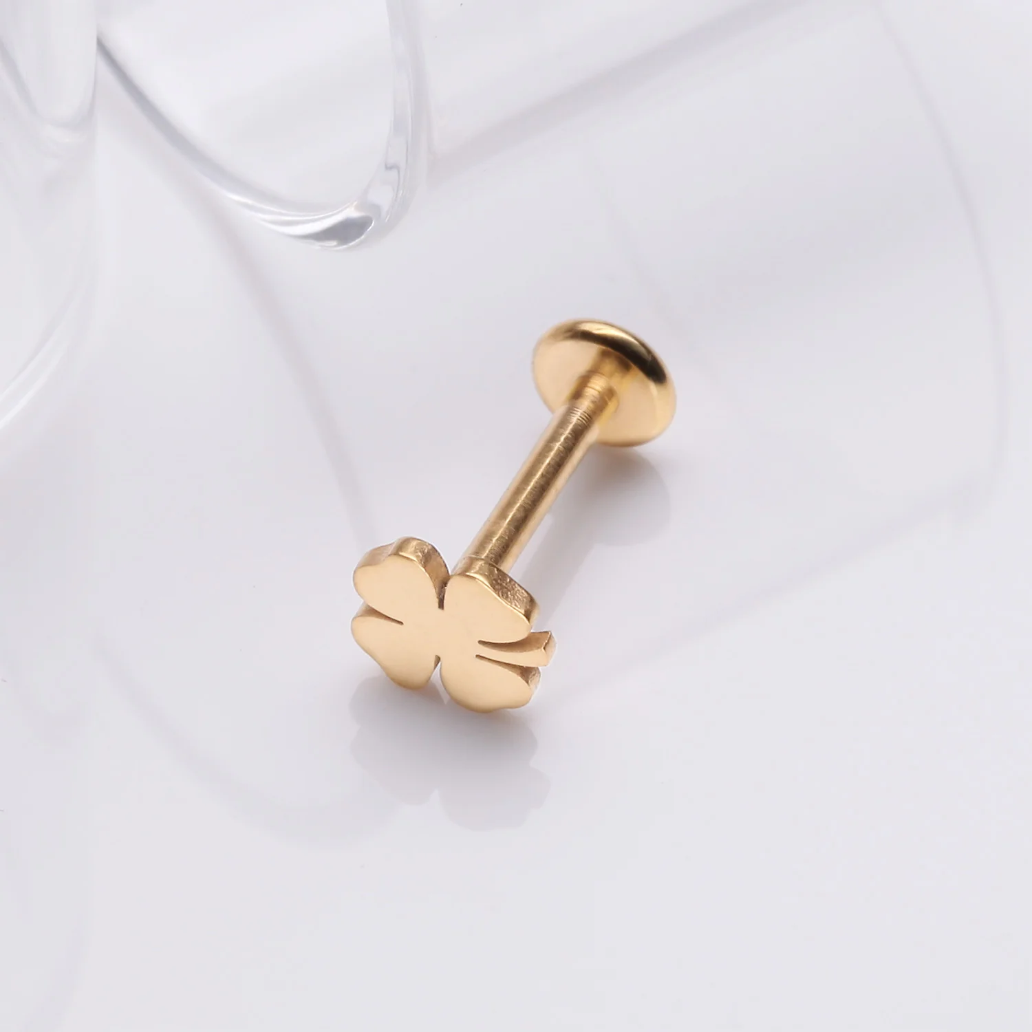Golden Lucky Charm Clover Top Internally Threaded Labret Flat Back Stud - Image 2