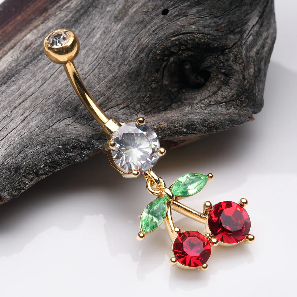 Golden Luscious Cherry Sparkle Belly Button Ring - Image 3