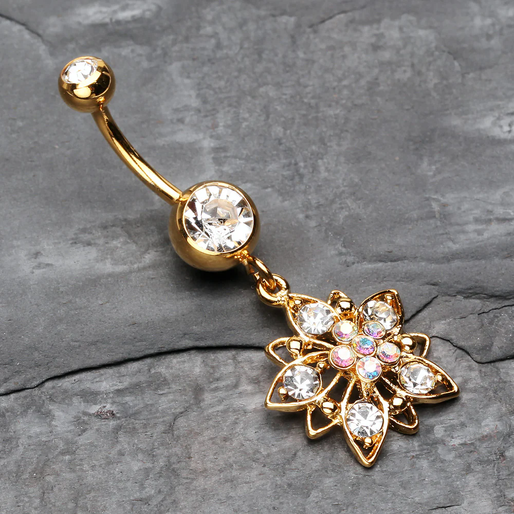 Golden Luscious Flower Sparkle Belly Button Ring - Image 3