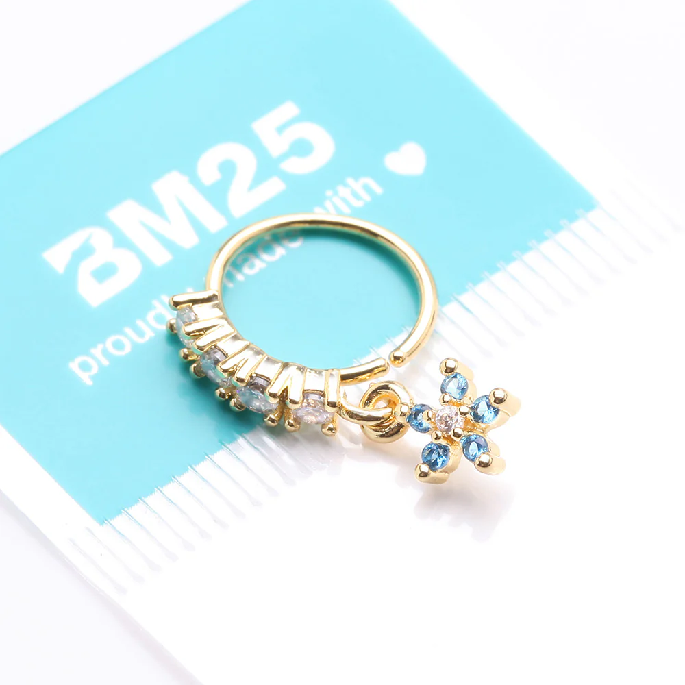 Golden Magnificent Flower Sparkle Dangle Multi-Gem Lined Bendable Hoop Ring - Image 4