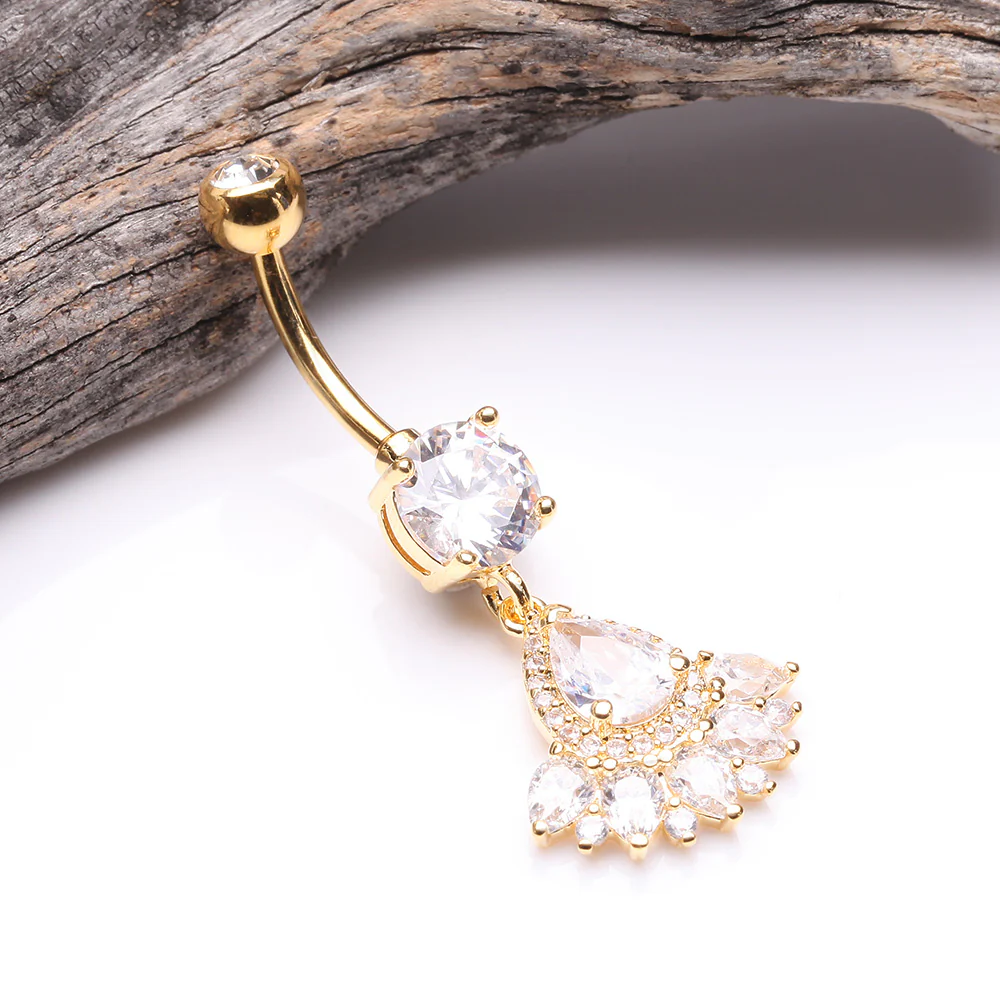 Golden Magnificent Sparkle Floral Teardrop Belly Button Ring - Image 3
