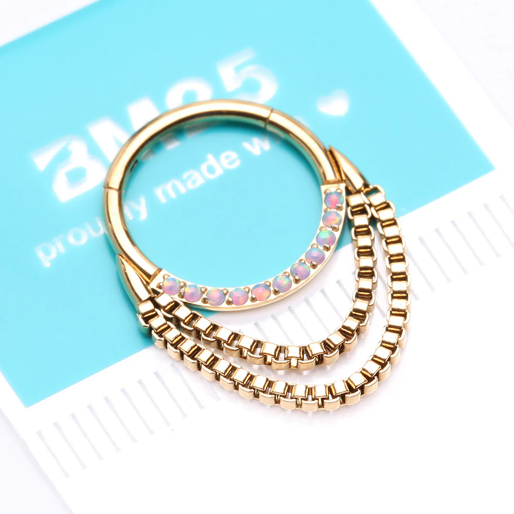 Golden Majestic Fire Opal Double Chained Seamless Clicker Hoop Ring - Image 4